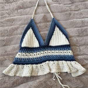 Subdued Blue and Cream Crochet Halter Tank Top